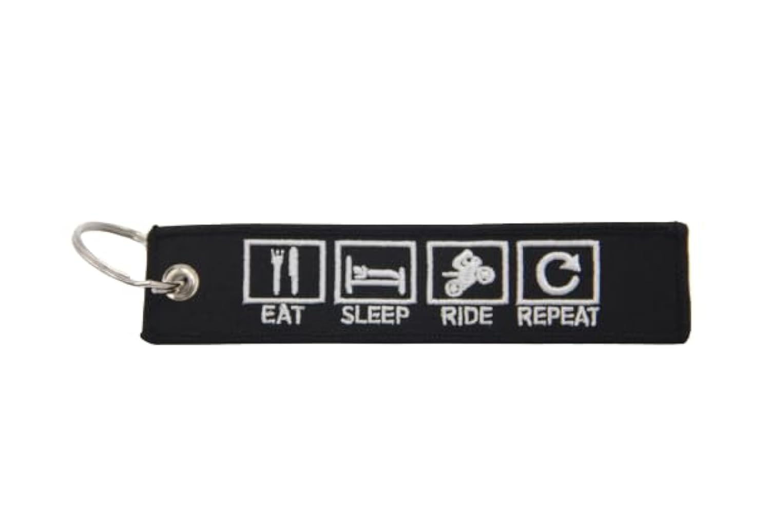 Eat Sleep Ride Repeat Motorcycle Cars Key Tag Embroidered Black And White