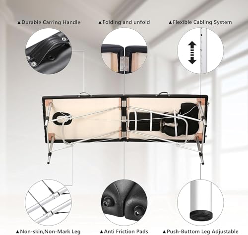 Image of Tattoo Gizmo Massage Table 2 Folding Portable Spa Bed for Full Body 73 Inch Face Cradle Table Foldable Tables, 150 kg Weight Holding Capacity for Home Clinic Salon Black (Aluminium-White)