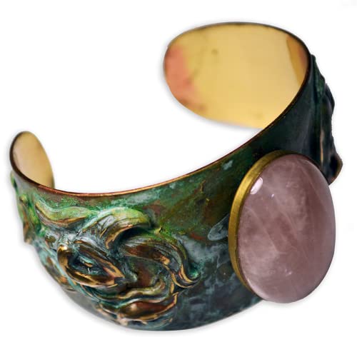Elaine Coyne Collectible Artwear Verdigris Patina Brass Art Nouveau Calla Lily Graduated Cuff with Rose Quartz Made in USA2