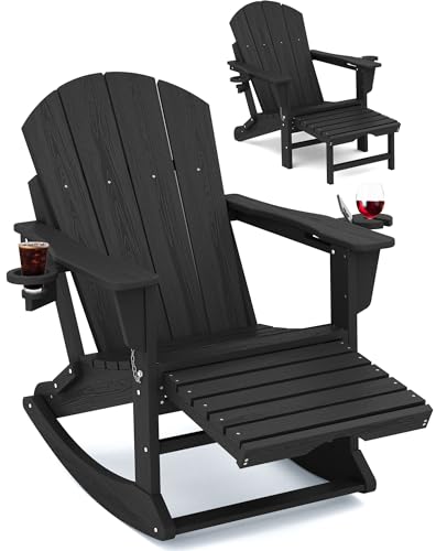 KINGYES Adirondack Rocking Chair with Retractable Ottoman and Cup Holders,