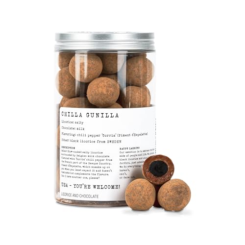 Haupt Lakrits Chilla Gunilla – Salty Black Licorice with Milk Chocolate, Chili Pepper & Sea Salt – Swedish Small Batch, Gourmet Chocolate & Licorice Candy – 8.8 oz