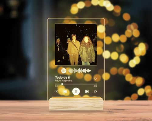 mubusi Placa Spotify Personalizada con Luz Blanco (21x30 cm) - Lampara con Foto - Placa de Metacrilato y Base de Madera con luces LED - Regalos Personalizados Originales y Únicos