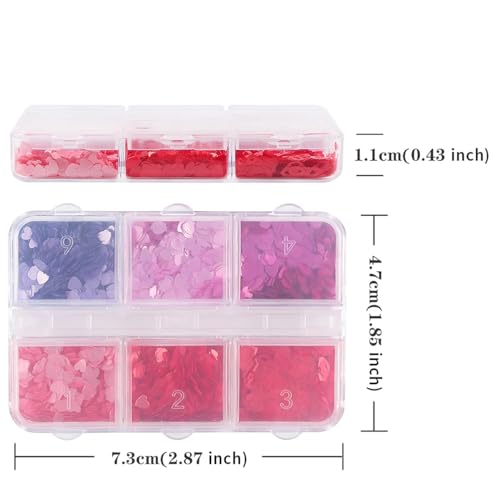 6 Grids Valentine\'s Day Heart Glitter Multiple Colors Sequins for Nail Art Heart Charms Christmas Nails Hollow-Out Flakes Heart Acrylic 3D Holographic Glitter Flakes Heart Nail Designs Decor