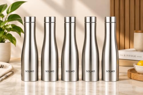 Image of Solimo Water Bottle Quality Hi-Rise Stainless Steel Single Wall 1000ML, Fridge Water Bottle |BPA Free | single wall Leak-Proof, Best for School /Office /Home /College /running (Pack 5)