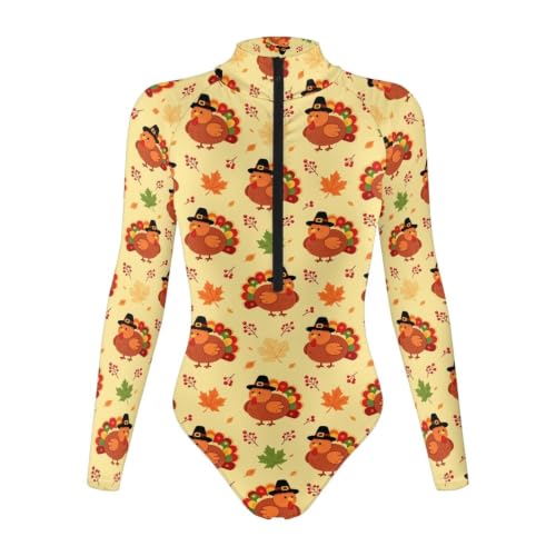 Ypexeognv Thanksgiving Turkey Print Womens Front Zip Long Sleeve Bodysuit Tops Sexy Body Suit Top Butt Lifting Shapewear Soft Stretchy Going Out Clothing for Thanksgiving Day,Large