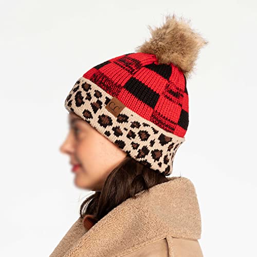 Image of C.C Exclusives Soft Beanie hat with Leopard Pattern and Fur Pom(HAT-7001)(SF-7001)