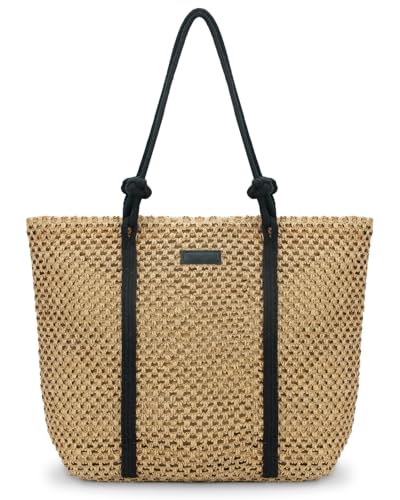 Image of MICOM Tote Bag-Beach Totes Bags for Women,Straw Bag,Straw Tote Bag,Totes Bags for Women, Lightweight Woven Beach Bag with Black Handles for Outdoor Travel