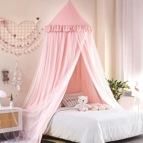 Kertnic Large Dome Bed Canopy for Kids Room Double Layer Mosquito Net, Hanging Play Tent Children Reading Nook Canopies, Princess Castle Dreamy Bedding for Girls Room House Décor (Beige Pink) Cover