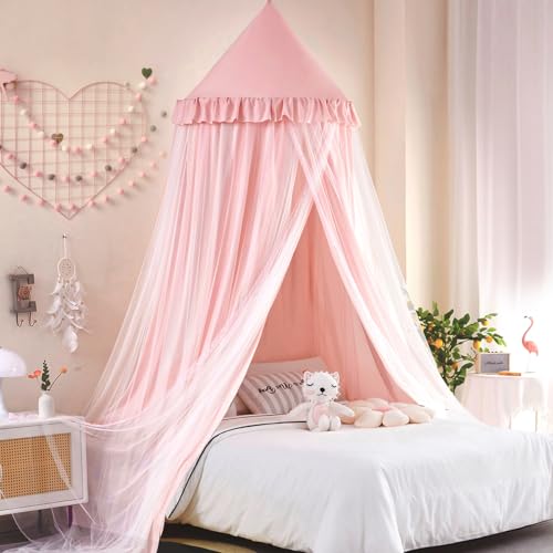 Kertnic Large Dome Bed Canopy for Kids Room Double Layer Mosquito Net, Hanging Play Tent Children Reading Nook Canopies, Princess Castle Dreamy Bedding for Girls Room House Décor (Beige Pink)