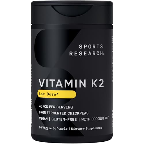 Image of Sports Research Low Dosage Vitamin K2 as MK-7 45mcg with Coconut MCT Oil - Vegan Certified, Non-GMO Verified & Gluten-Free - 90 Softgels