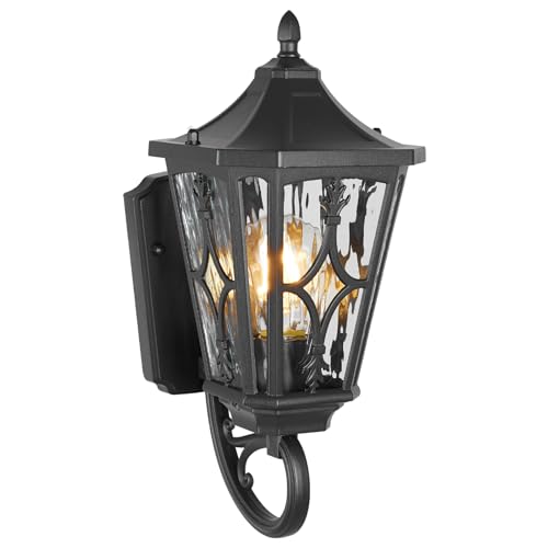 Image of 23 inch Outdoor Wall Light Fixtures,Exterior Waterproof Wall Lantern, Porch Sconces Lighting with E26 Socket & Water Ripple Glass Shades,Matte Black Outside Wall Lantern Light for House Front Door Garage