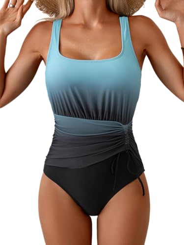 Eomenie One Piece Swimsuit for Women Tummy Control Ruched Slimming Bathing Suit Drawstring Leopard Swimwear