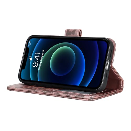 Image of for iPhone 13 Mini Case Wallet with Card Holder,for iPhone 13 Mini Wallet Case for Women Men,PU Leather Shockproof Magnetic Buckle Stand Flip Phone Case-Rose Gold Leopard