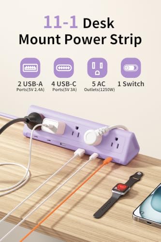 Image of 6.5 FT Desk Clamp Power Strip with 5 AC Outlets & 6 USB Ports PD 40W USB-C Fast Charging, Extension Cord with Multiple Outlets, Fits 2.1 in top Edge Purple