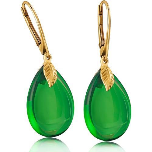 Amber by Mazukna - Grüne Bernstein Kristall Ohrringe, Vergoldete Hängende Anhänger Ohrringe für Damen, Natürlicher Edelsteinschmuck, leichter Halbedelstein