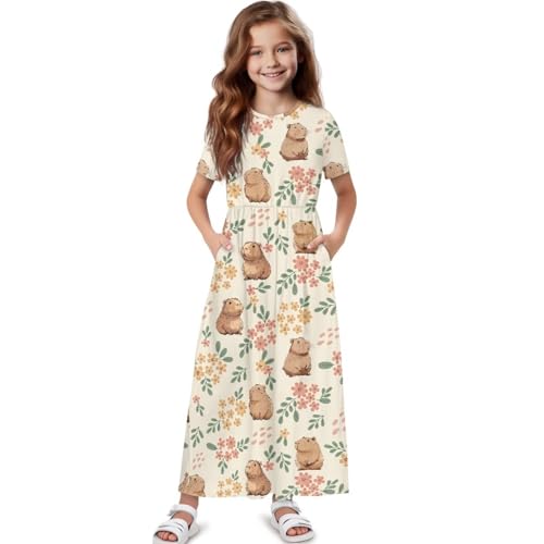 Girl Maxi Dress Short Sleeves Dress with Pockets Summer Holiday Clothing Size 5-14 Years