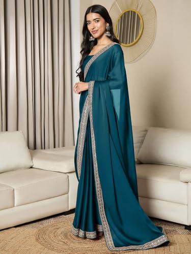 Image of AKHILAM Women's Satin Solid Ready To Wear one Minute Saree with Unstitched Blouse Piece