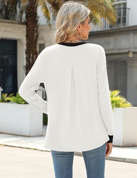 Women's Long Sleeve V-Neck Blouse, Color Block Top, White and Black, Casual Office Wear