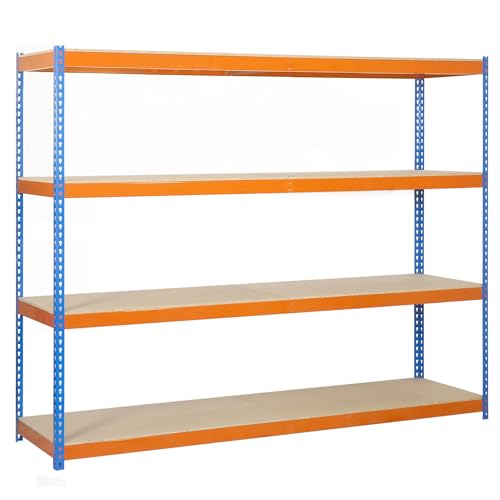 Simon Rack Estanteria Industrial, 2000x1200x450 mm, 400 kg de Punto Flexión, 4 Estantes Madera, Estanterias Almacenaje, Estanterias Metalicas, Azul/Naranja/Madera - SimonTaller