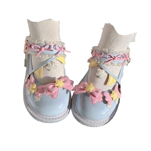 ZQW Women's Kawaii Lolita Mary Jane Shoes Bow Star Round Toe Flat Lace Trim Sweet Cute Ankle Strap for Cosplay Daily Wear Party Dressy Shoes