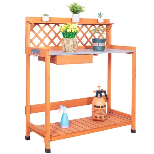 Outdoor-Potting-Bench-Wooden-Gardening-Work-Station-Planting-Table-with-Metal-Tabletop-Drawer-Storage-and-Hooks Outdoor Potting Bench Wooden Gardening Work Station Planting Table with Metal Tabletop Drawer Storage and Hooks