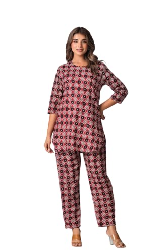 Image of Women's Pure Cotton Printed Night Suit,Top and Relaxed Pajama Set, Stylish Sleepwear, Casual Wear