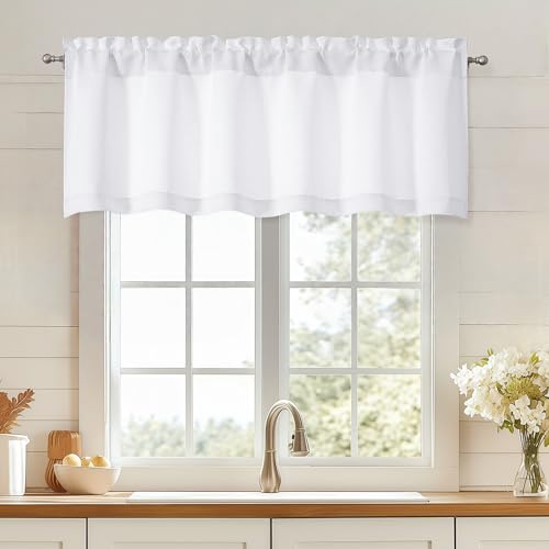 OWENIE White Valance for Window, Light Filtering Small Kitchen Curtain for Bedroom/Living Room, Rod Pocket Privacy Short Solid Modern Window Treatment Valance RV Bunk Panels, 1 Panel Each 60