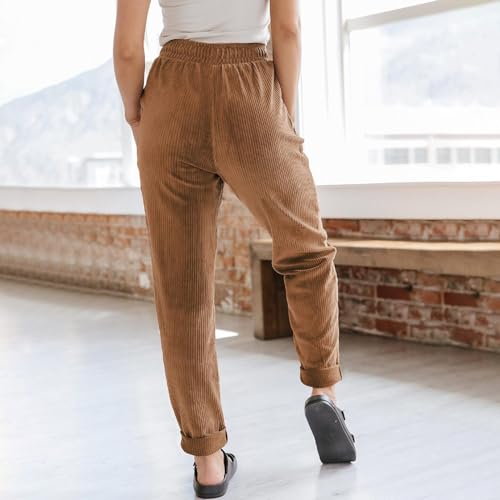 Women's Corduroy Pants Baggy Drawstring Elastic High Waist Trousers Casual Loose Fit Straight Leg Pants with Pockets3