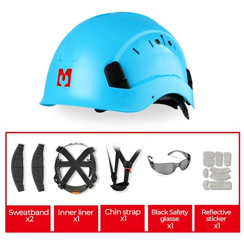Mustbau EN397 kask ochronny z okularami zapobiegającymi zaparowaniu, regulowany obwód głowy od 53 do 63 cm, wytrzymały materiał ABS, dla mężczyzn i kobiet, niebieski