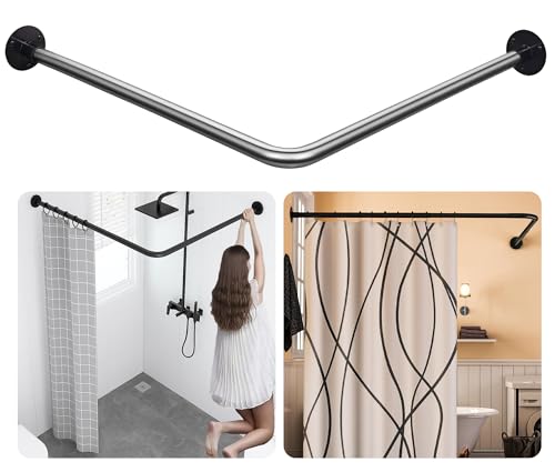 Tringle de rideau de douche d'angle en L, 60-133 x 60-133 cm, réglable, anti-affaissement, installation sans perçage, tige incurvée à 90° en acier...