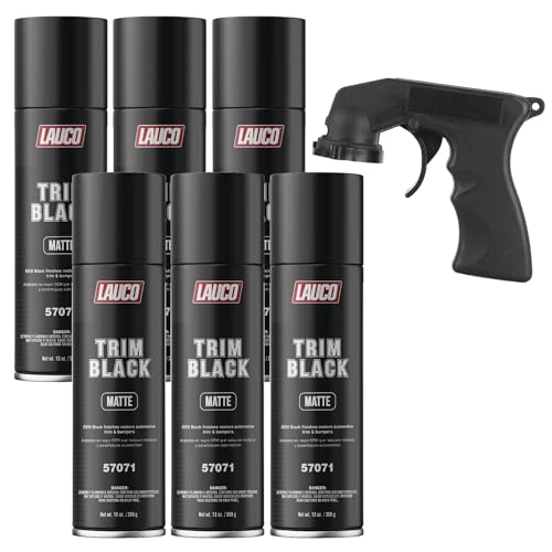 LAUCO Trim Black Matte 13 oz. Automotive Spray Paint Can with Gun - Pack of 6 - Black Car Spray Paint with Matte Finish - Designed for Plastic, Aluminum, Steel and Stainless Steel- 57071