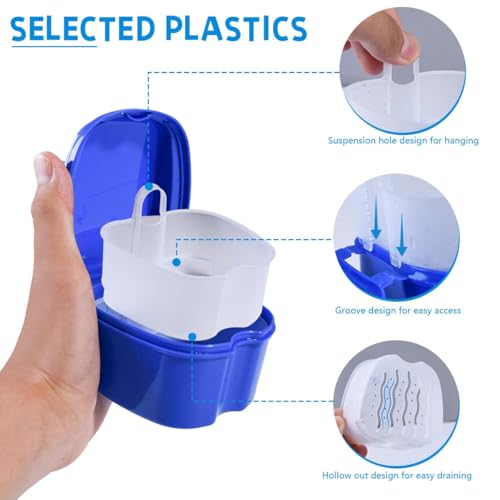 KISEER 2 Pack Colors Denture Bath Case Cup Box Holder Storage Soak Container with Strainer Basket for Travel Cleaning (Light Blue and Blue) - Thumbnail 3
