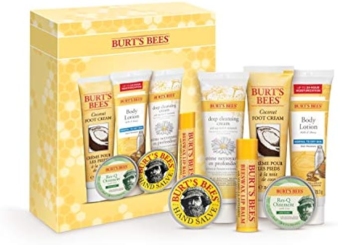 Burt's Bees Easter Basket Stuffers, 6 Mini Products - Coconut Foot Cream, Milk & Honey Body Lotion, Soap Bark & Chamomile Deep Cleansing Cream, Res-q Ointment, Hand Salve & Beeswax Lip Balm