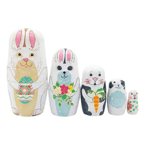 Image of 5Pcs Russian matryoshkas Dolls, Easter Nesting Dolls, Handmade Wooden Rabbit Bunny Nesting Doll Set for Christmas Easter Gift Home Decoration