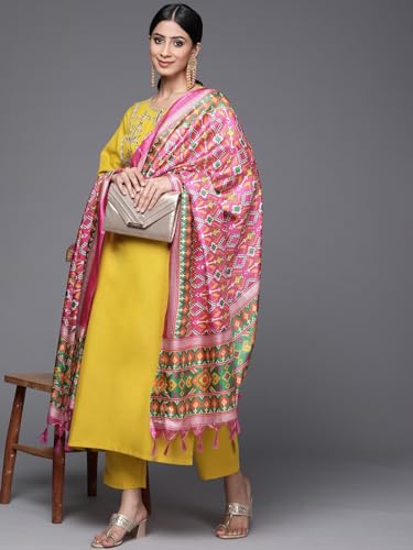 Image of Amayra Women's Embroidered Cotton Straight Kurta with Pant and Dupatta Set