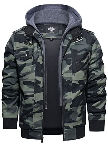 Image of HOOD CREW Men's Casual Stand Collar PU Faux Leather Zip-Up Motorcycle Bomber Jacket With a Removable Hood