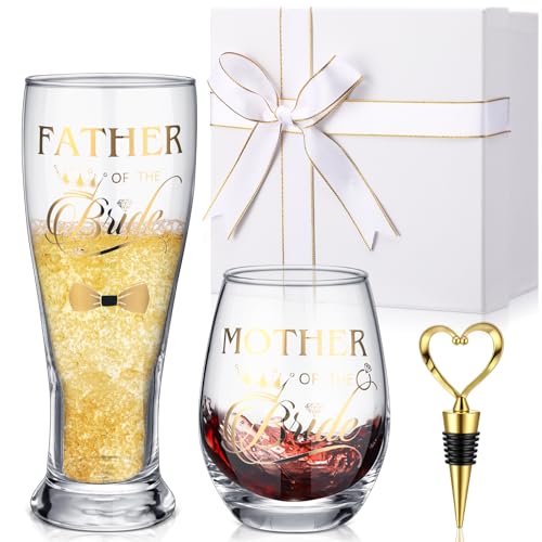 Singhoow Mother and Father of the Bride Gifts Tumbler with Gold Stainless Steel Love Wine Bottle Stoppers Mother of the Bride Cup Bridal Shower Gifts Box & Decorations