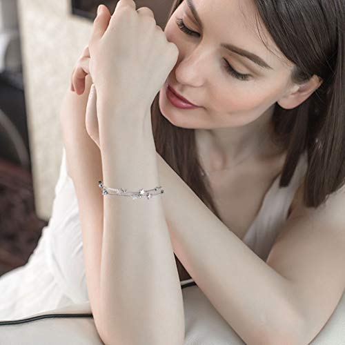 Damen Armband Elegant Perlen 925 Silber und Sterne Double Layered Armkettchen mit 925 Sterling Silber Armband Armkette Schmuck Verstellbar Modeschmuck Armbänder Liebe Armbänder mit Schmuckverpackung