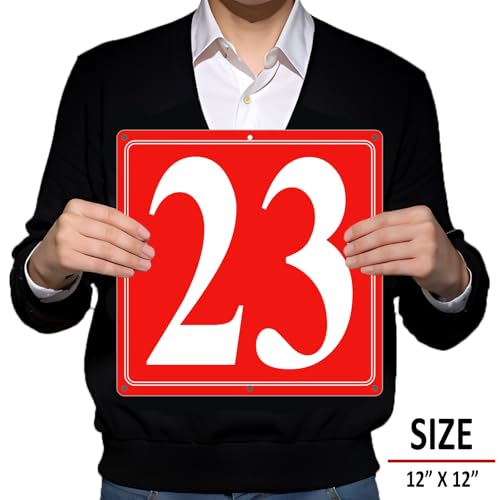 Image of Premium Aluminum Number Signs 23, Metal 12 inch X 12 inch Red Numbered Signs Outdoor for Parking Lots, Floor, Dock, Court, Aisle, Field, High Visibility, No Fade, Weather-resistant