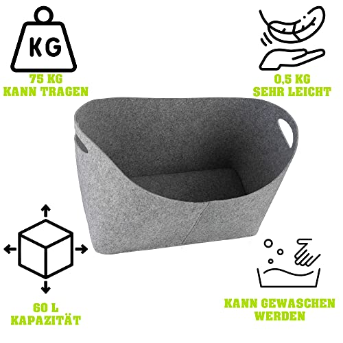 Brennholzkorb, Kaminholztasche aus Filz für Holz, Zeitungen, Kaminholz- Filztasche Maße 55 x 27 x 37 (Hellgrau)-3
