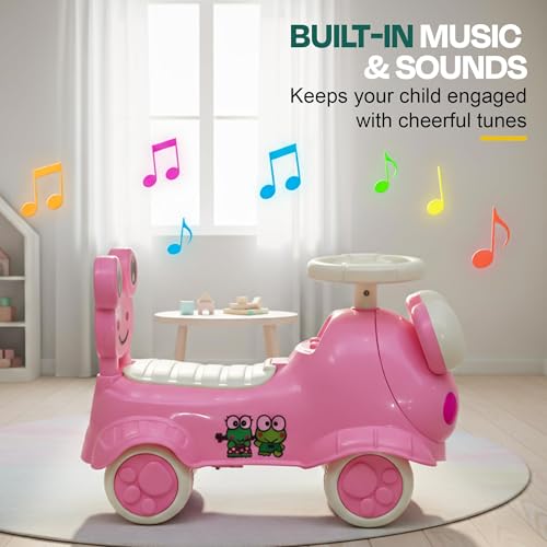 Image of Kermit Ride on Cars for Kids | Portable Kids Car with Music & Toy Storage | Indoor Baby Push Ride-ons with Lights & Safety Backrest | Outdoor Rider Cars for Kid 18+ Months (Pink)