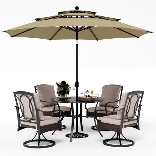 PHI VILLA 6-Piece Outdoor Dining Sets, All-Weather Patio Table and Chairs Set with Umbrella for 4, Heavy Duty Patio Round Table Set for Deck, 4 Extra Large Outdoor Swivel Chairs with Thick Cushions