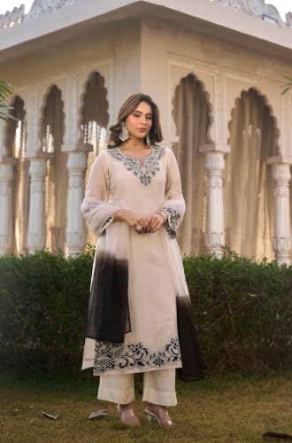 Image of GoSriKi Kurta Sets for Women Viscose Embroidered | Kurti Set for Woman | Straight Kurta Palazzo Dupatta Set | 3 Piece Set Women | Round Neck V-Slit Full Sleeve Stylish Ethnic Outfit Clothing
