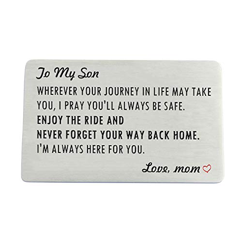 Engraved Wallet Card Insert for Son from Mom, Stainless Steel Wallet Cards with Mini Love Note, Sweet 16 Gifts for Son, Birthday, Graduation Gift for Him