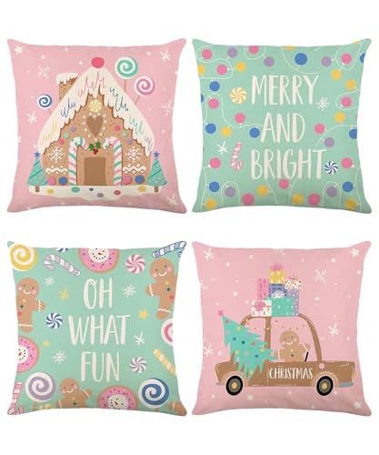 SEGXCFL Christmas Pillow Covers 18x18 Set of 4 Linen Pillow Cases Cute Gingerbread Man Candy House Pink Mint-Green Decorative Pillowcover for Couch Sofa Livingroom Outdoor Christmas Home Decor