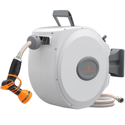 Giraffe Tools CW20 Retractable Garden Hose Reel 5/8 x 60 ft Heavy Duty Water Hose Reel Swivel Bracket Any Length Lock Light Grey