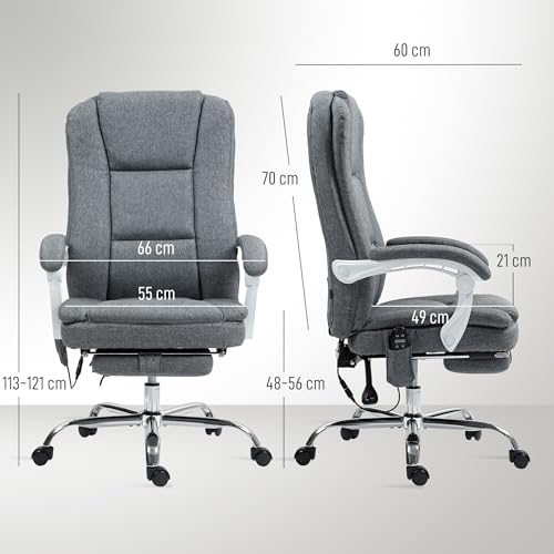 HOMCOM Fauteuil de Bureau massant et Chauffant, Chaise de Bureau Ergonomique avec Hauteur réglable, Dossier inclinable, Repose-Pieds, télécommande Filaire, pivotant 360°, Tissu Aspect Lin, Gris – Image 4