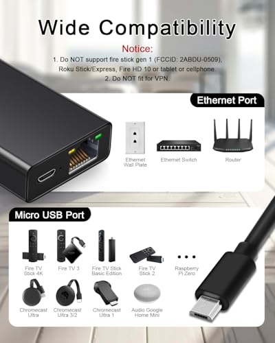 Image of YEZriler Ethernet Adapter for Fire TV Stick, Micro USB to RJ45 Ethernet Adapter Compatible with Fire TV Stick /4K /4K Max, Cube, Chromecast Ultra Audio - Black