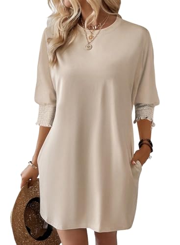 Image of Dokotoo Womens Dresses 2025 Spring 3 /4 Sleeve Fashion Dresses Crewneck Casual Mini Dress with Pockets S-XL