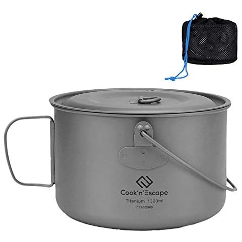 COOK'N'ESCAPE 1300ML Titanium Hanging Pot with Lid Cookware Pot with Collapsible Foldable Bail Handle Outdoor Camping Drinking Cup Backpacking Hiking Campfire, Grey Cover